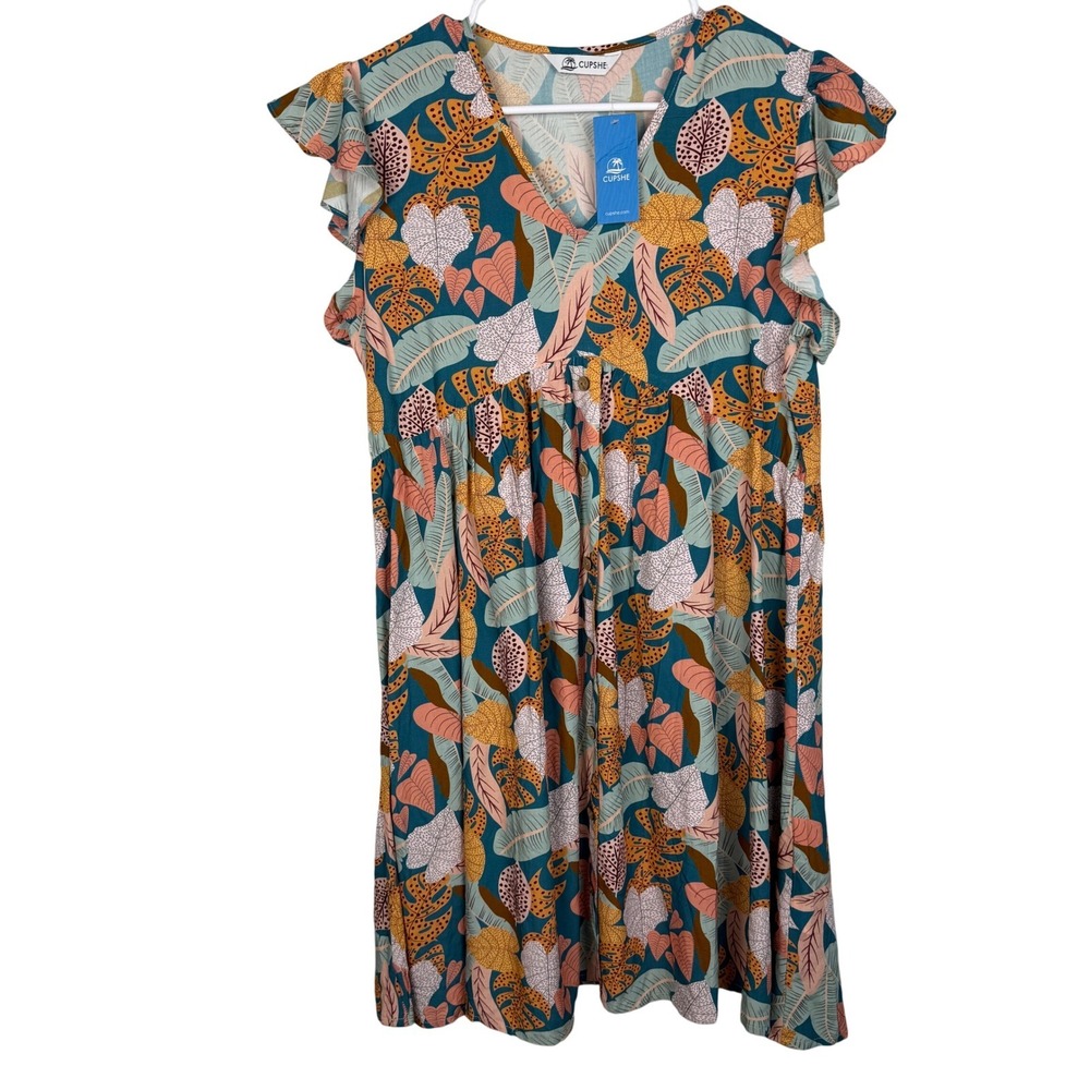 NWT CUPSHE Tropical Leaf Print Flutter Sleeve V Neck Tiered Midi Dress‎ Large